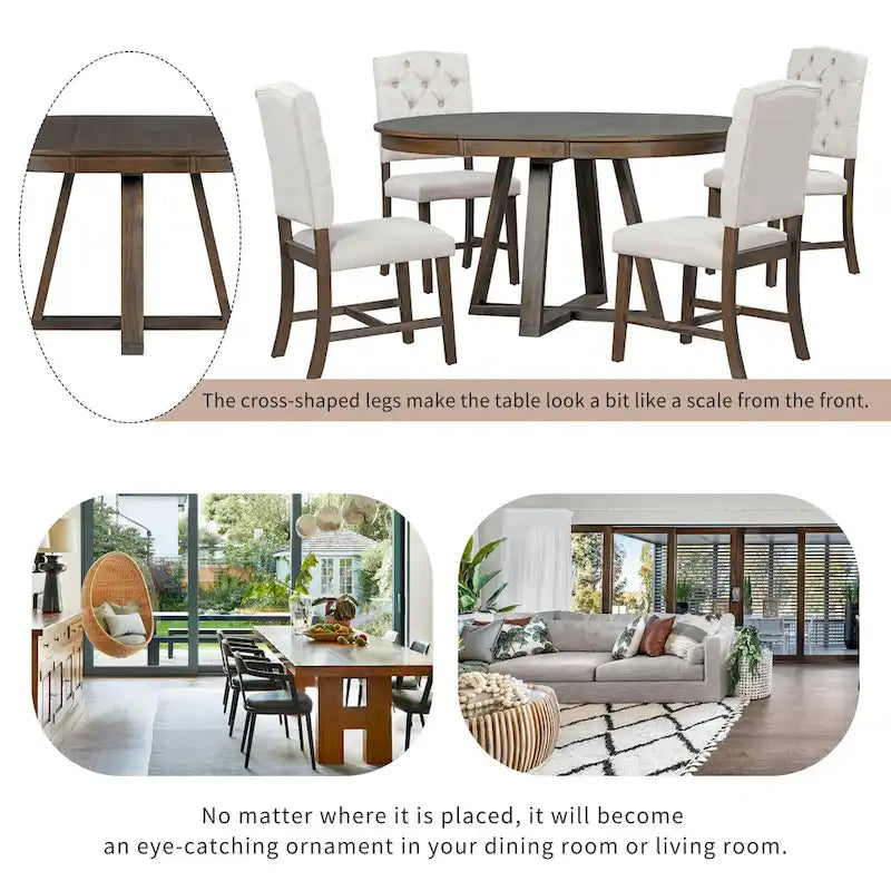 Walnut 5-Piece Wooden Dining Table Set with Expandable Round Table & 4 Chairs