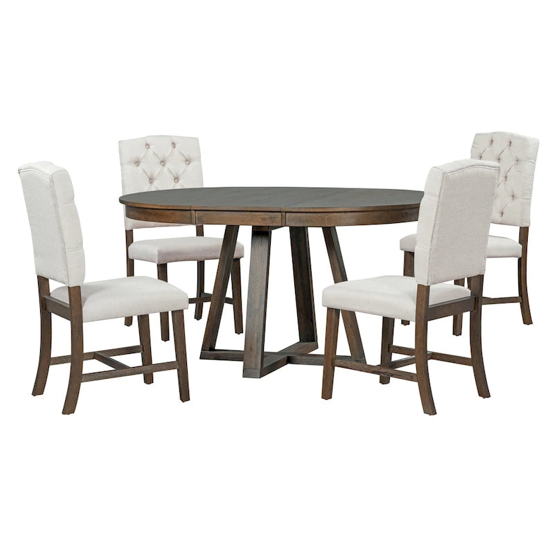 Walnut 5-Piece Wooden Dining Table Set with Expandable Round Table & 4 Chairs