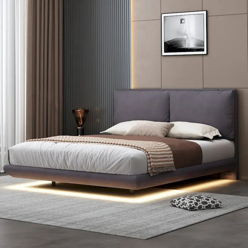 Queen Velvet Floating Platform Bed with Sensor Light