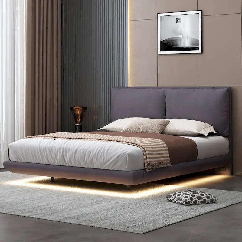 Queen Velvet Floating Platform Bed with Sensor Light