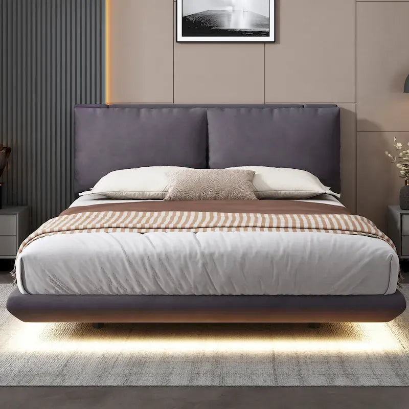 Queen Velvet Floating Platform Bed with Sensor Light