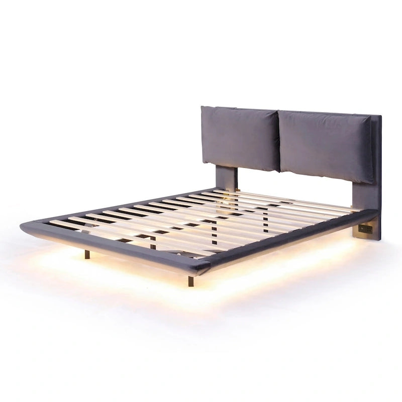 Queen Velvet Floating Platform Bed with Sensor Light