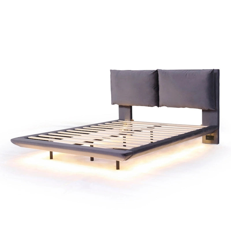 Queen Velvet Floating Platform Bed with Sensor Light