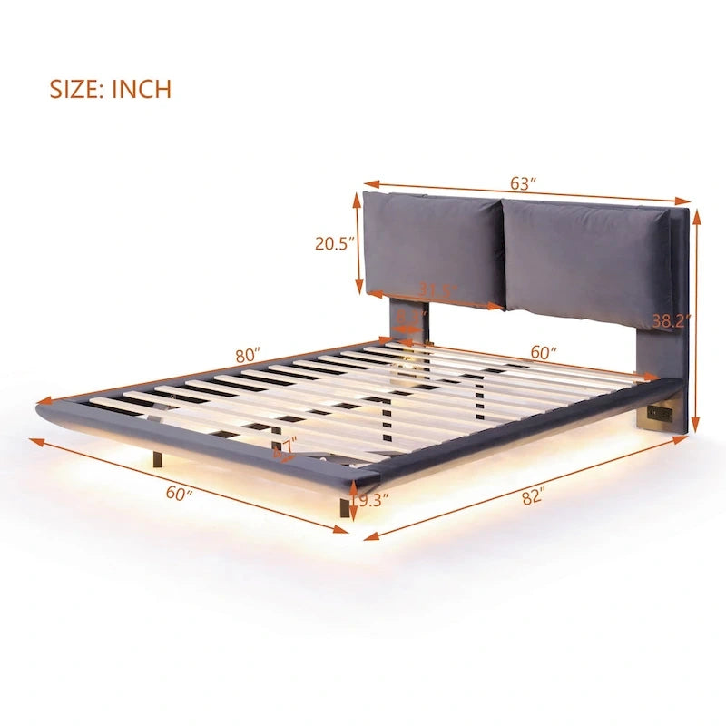 Queen Velvet Floating Platform Bed with Sensor Light