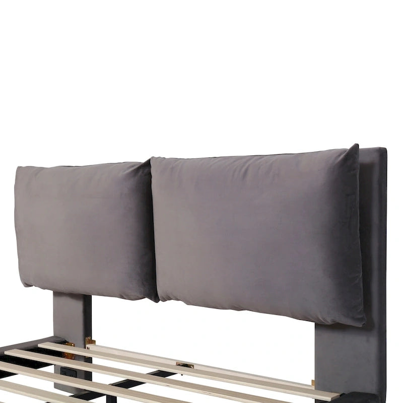 Queen Velvet Floating Platform Bed with Sensor Light