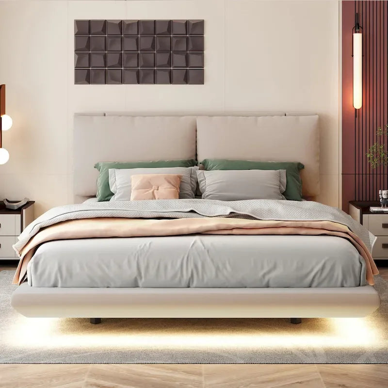 Queen Velvet Floating Platform Bed with Sensor Light