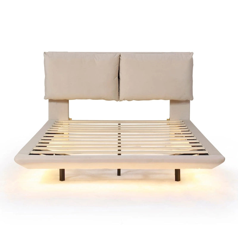 Queen Velvet Floating Platform Bed with Sensor Light