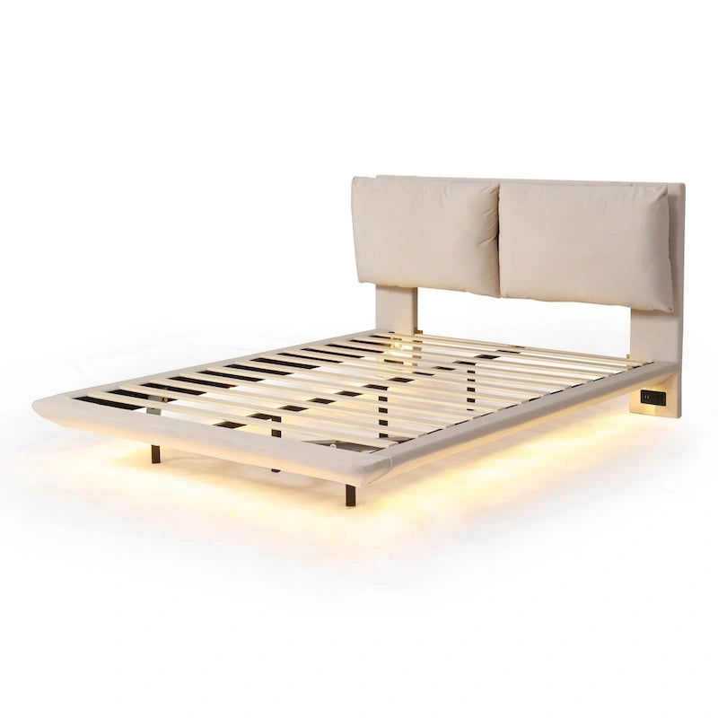 Queen Velvet Floating Platform Bed with Sensor Light