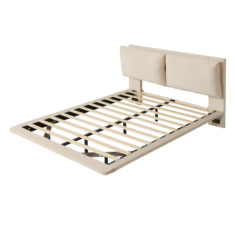 Queen Velvet Floating Platform Bed with Sensor Light