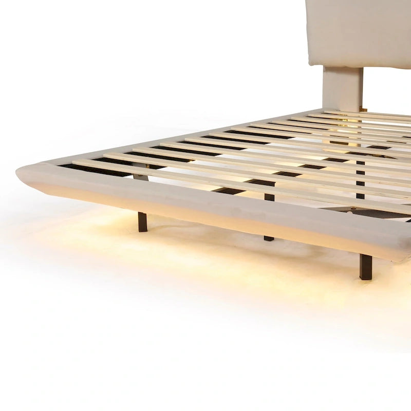 Queen Velvet Floating Platform Bed with Sensor Light
