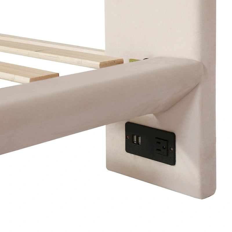 Queen Velvet Floating Platform Bed with Sensor Light