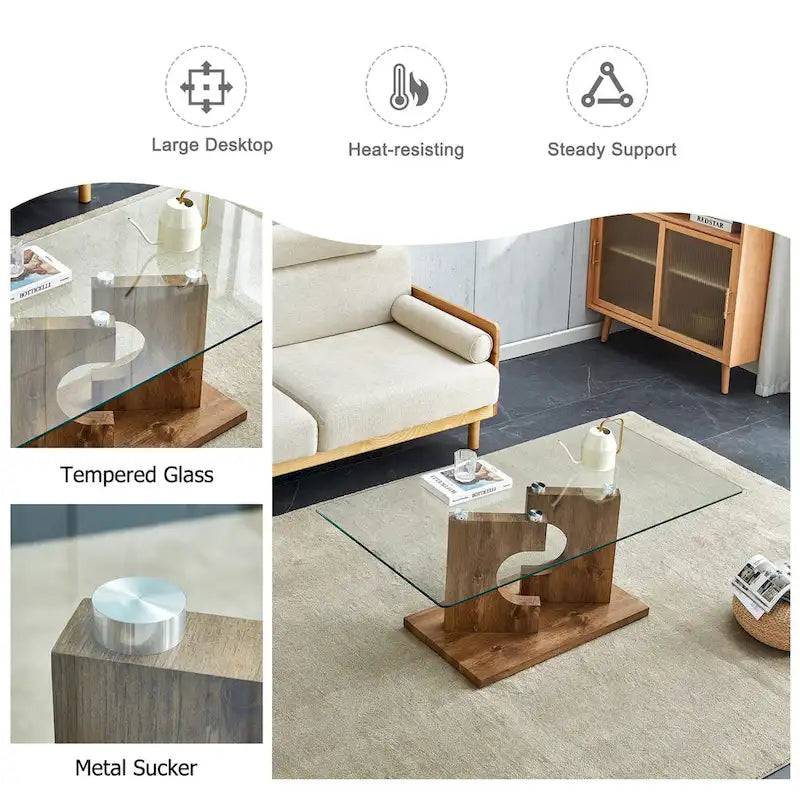 47.2 Modern Rectangular Coffee Table with Tempered Glass Tabletop and MDF Legs