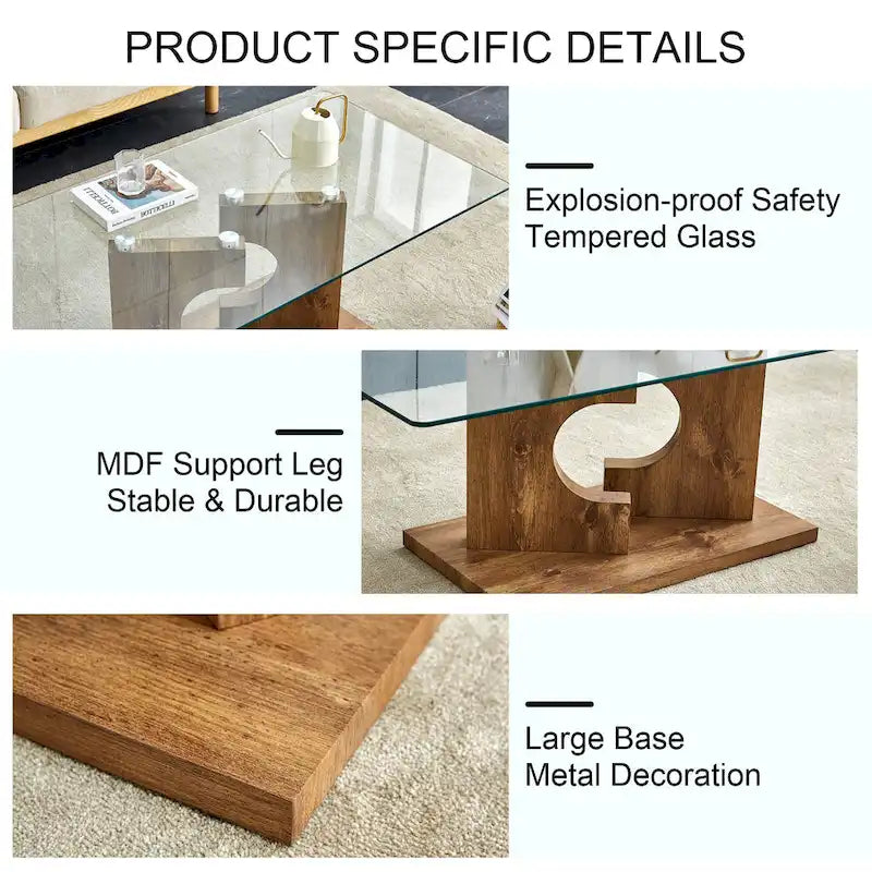 47.2 Modern Rectangular Coffee Table with Tempered Glass Tabletop and MDF Legs