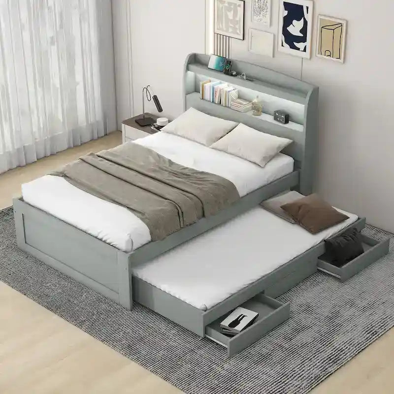 Gray Twin XL Platform Bed with LED Headboard & Drawers