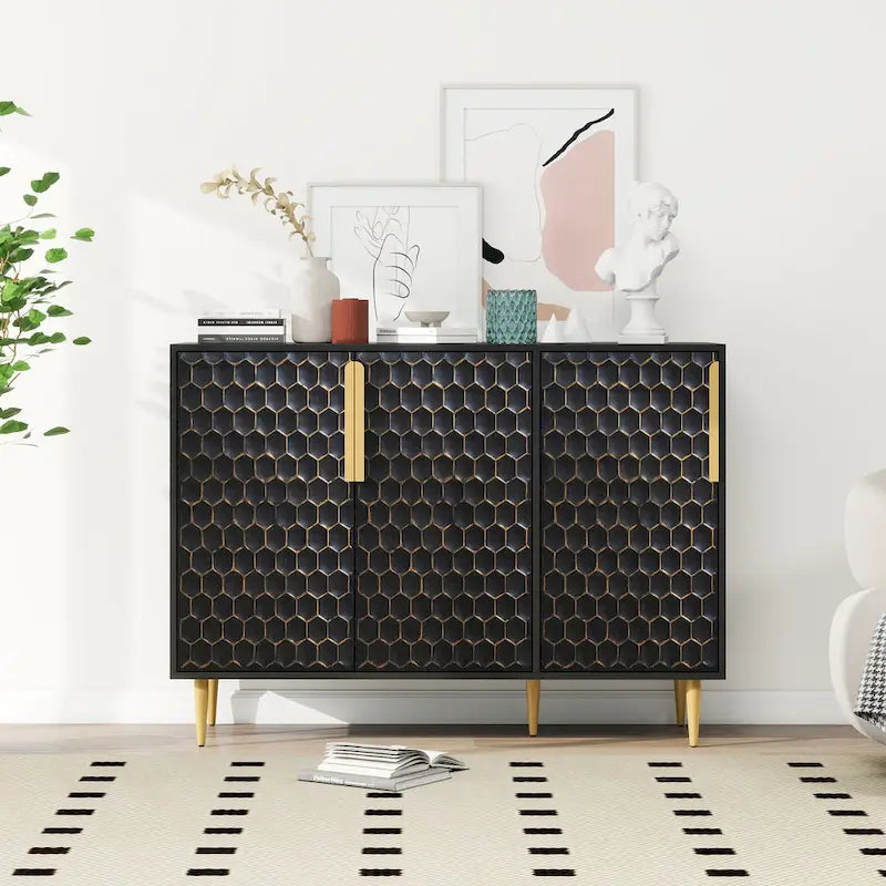Modern Storage Cabinet with Adjustable Shelves and Hexagons Pattern Metal Door