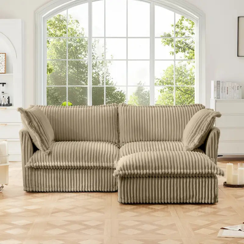Corduroy 2-Seater Sectional Sofa with Convertible Ottoman & Pillows