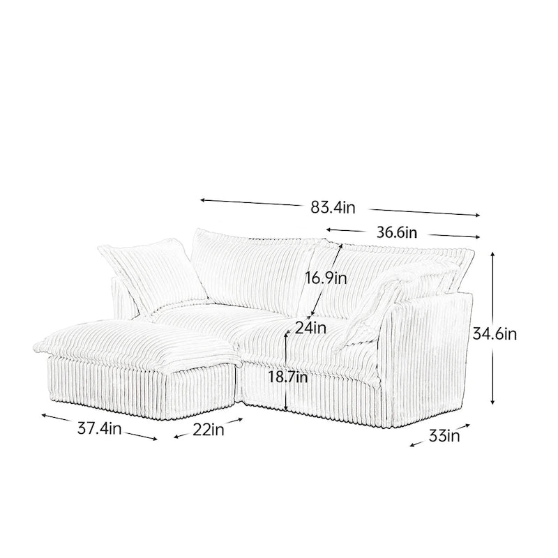 Corduroy 2-Seater Sectional Sofa with Convertible Ottoman & Pillows