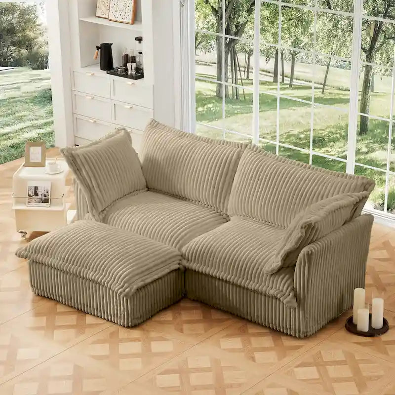 Corduroy 2-Seater Sectional Sofa with Convertible Ottoman & Pillows