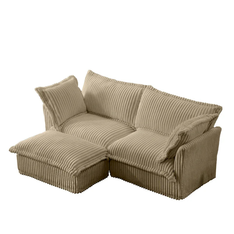 Corduroy 2-Seater Sectional Sofa with Convertible Ottoman & Pillows