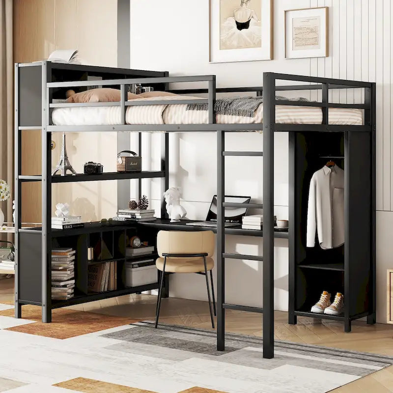 Full Metal Loft Bed with Wardrobe & Desk