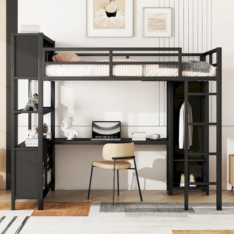 Full Metal Loft Bed with Wardrobe & Desk