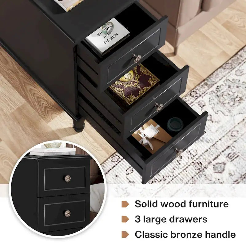 Solid Wood 3 - Drawer End Table Set,Fully Assembled Narrow Side Table