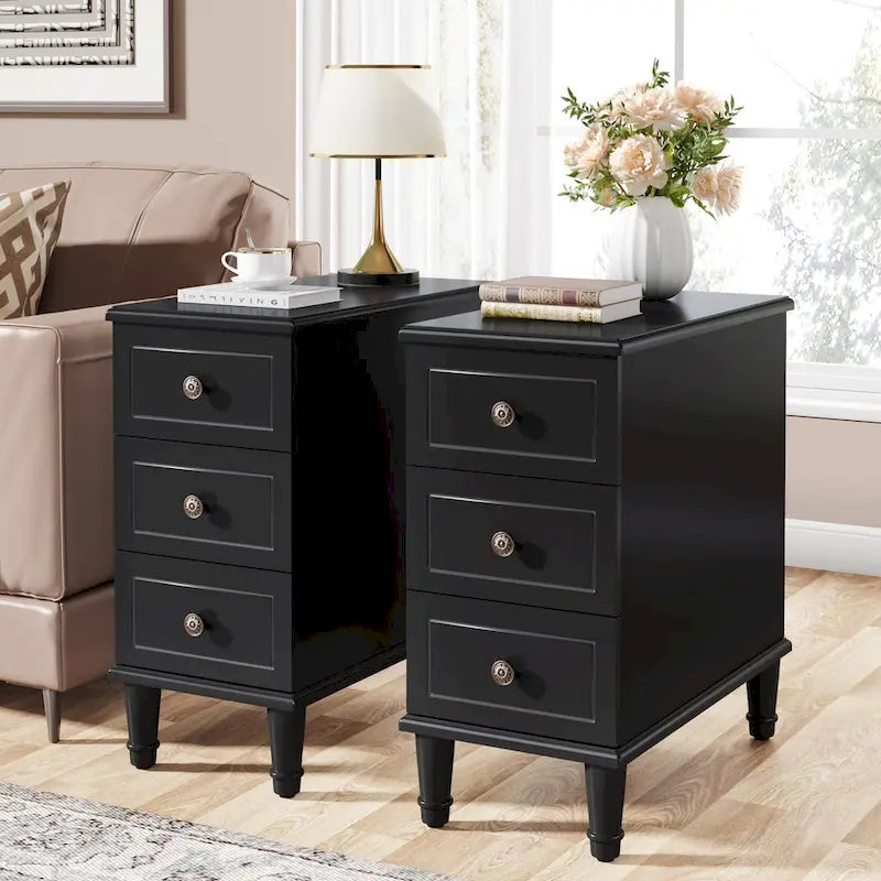 Solid Wood 3 - Drawer End Table Set,Fully Assembled Narrow Side Table