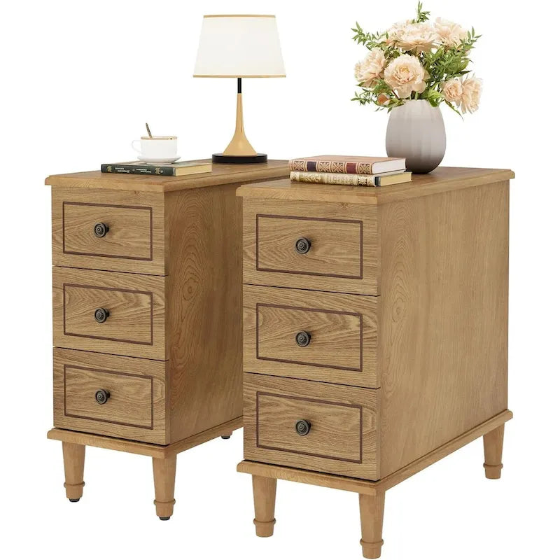 Solid Wood 3 - Drawer End Table Set,Fully Assembled Narrow Side Table