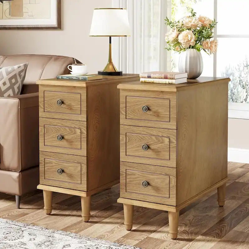 Solid Wood 3 - Drawer End Table Set,Fully Assembled Narrow Side Table