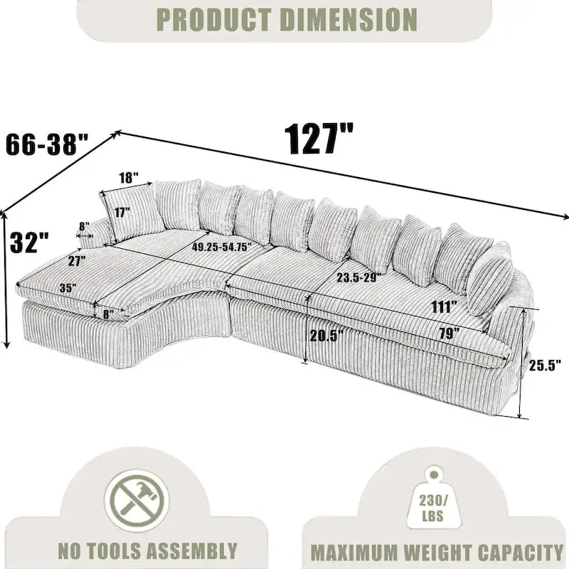 127 Large Sectional Sofa,Modular L Shaped Left Sofa,Corduroy Fabric