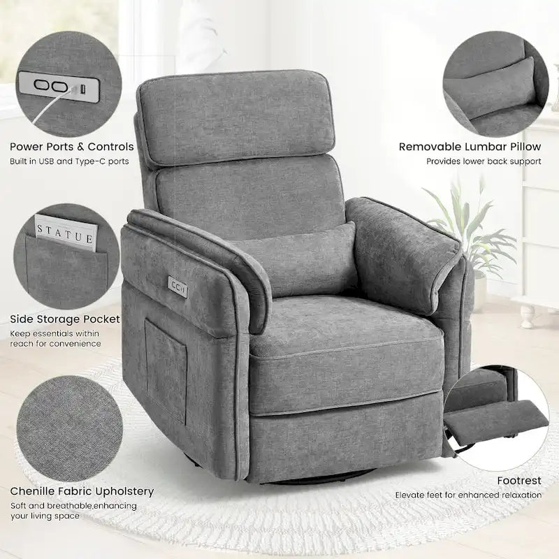 EROMMY Power Swivel Rocker Recliner Chair with Adjustable Headrest and Armrests, USB & Type-C Charging, Nursery Glider Recliner