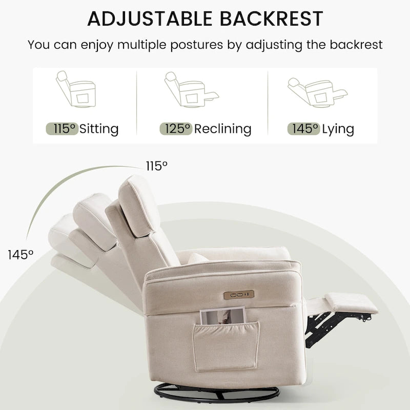 EROMMY Power Swivel Rocker Recliner Chair with Adjustable Headrest and Armrests, USB & Type-C Charging, Nursery Glider Recliner