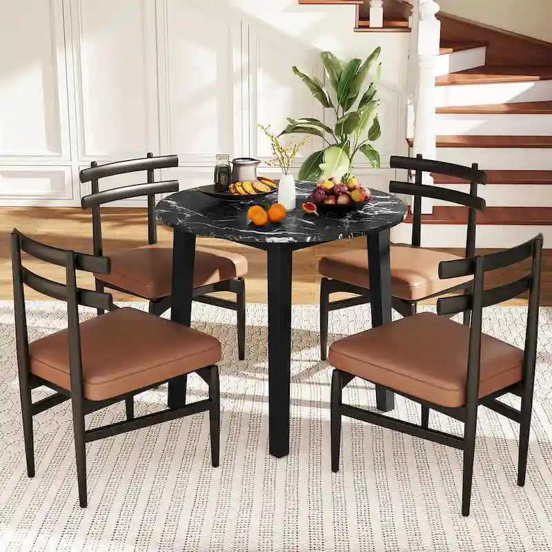 Gymax 35 Kitchen Table Round Dining Table w/ Marble-textured Veneer