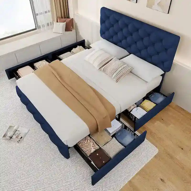 Full Bed Frame with 4 Storage Drawers and Headboard, Linen Upholstered Platform Bed Frame with Wooden Slats Support