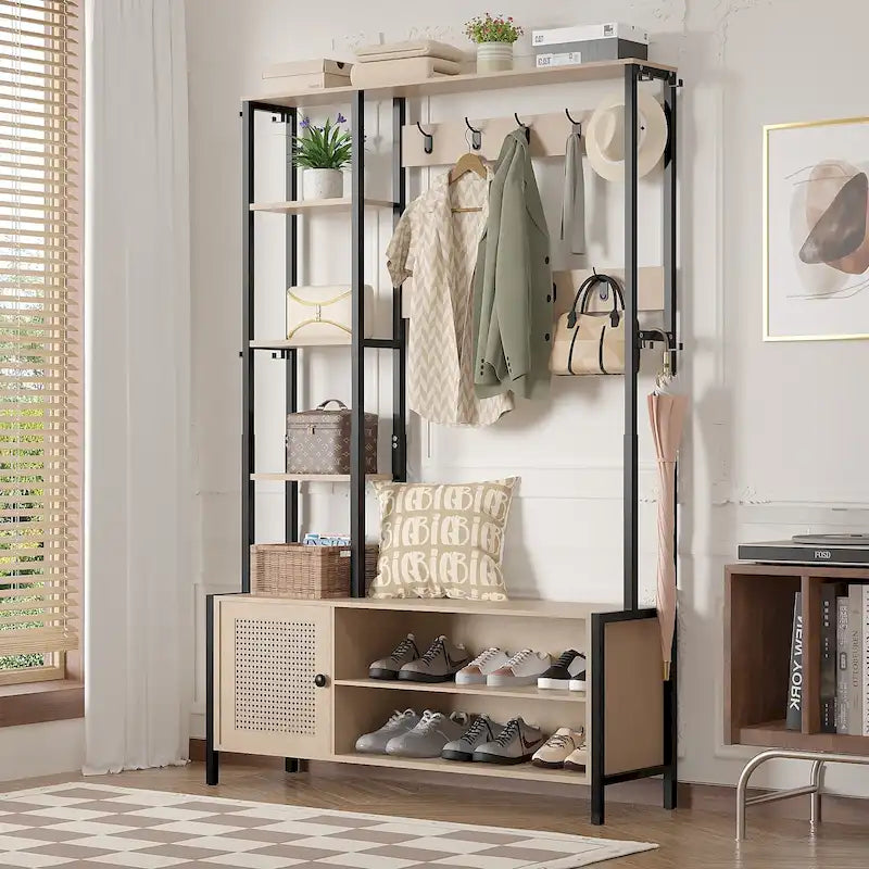 Javlergo Hall Tree for Entryway, Coat Rack with Bench Shoe Storage, 5-in-1 Entryway Bench Coat Rack with 9 Hooks