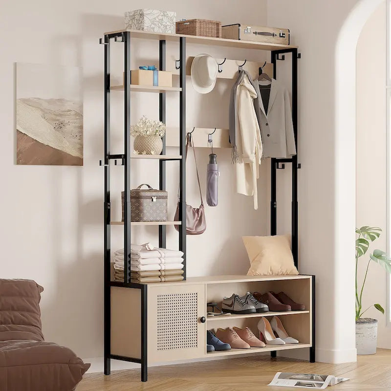 Javlergo Hall Tree for Entryway, Coat Rack with Bench Shoe Storage, 5-in-1 Entryway Bench Coat Rack with 9 Hooks