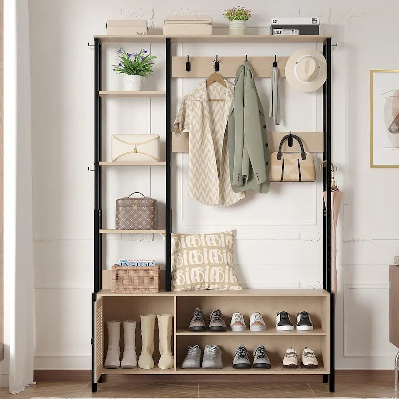 Javlergo Hall Tree for Entryway, Coat Rack with Bench Shoe Storage, 5-in-1 Entryway Bench Coat Rack with 9 Hooks