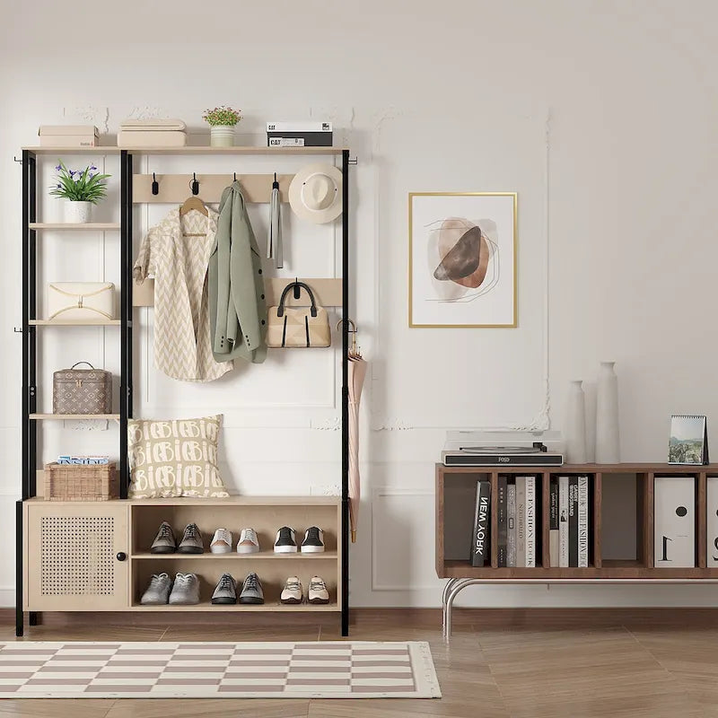 Javlergo Hall Tree for Entryway, Coat Rack with Bench Shoe Storage, 5-in-1 Entryway Bench Coat Rack with 9 Hooks