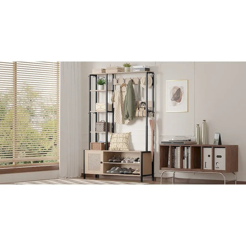 Javlergo Hall Tree for Entryway, Coat Rack with Bench Shoe Storage, 5-in-1 Entryway Bench Coat Rack with 9 Hooks