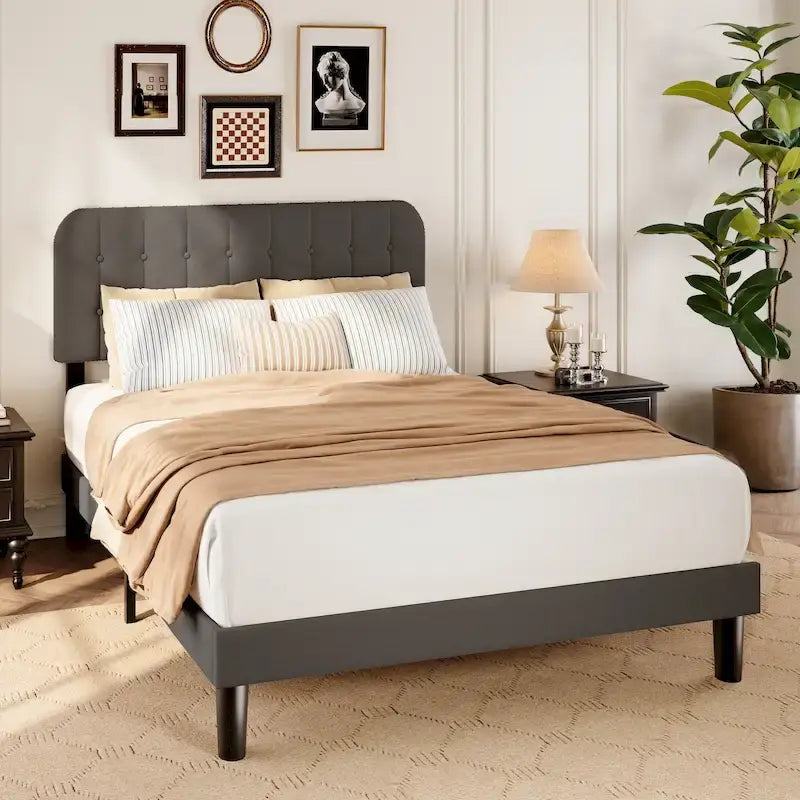 Full / Queen / King Bed Frame with Headboard, Upholstered Platform Bed with Sturdy Wooden Slats