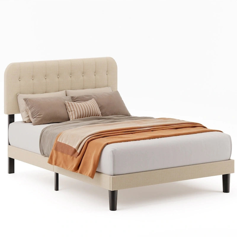 Full / Queen / King Bed Frame with Headboard, Upholstered Platform Bed with Sturdy Wooden Slats