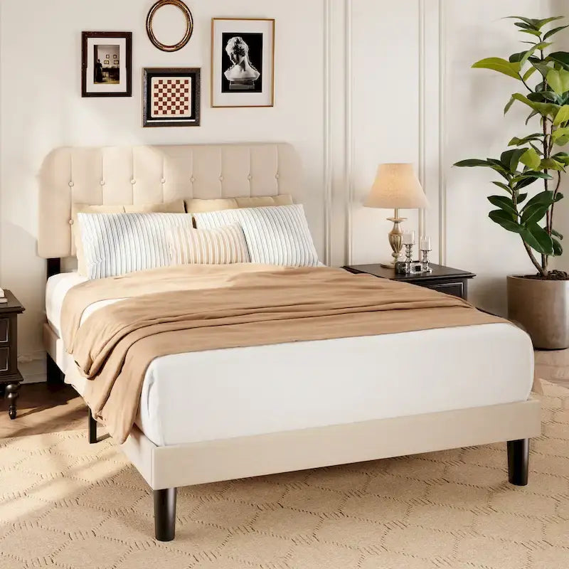 Full / Queen / King Bed Frame with Headboard, Upholstered Platform Bed with Sturdy Wooden Slats