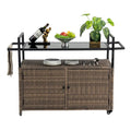 Outdoor Patio Wicker Bar Cart with Storage Cabinet and Glass Top, Rolling Rattan Beverage Bar Table w/360 Wheels & Open Shelve