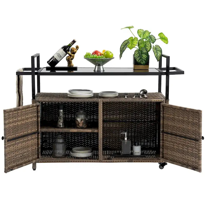 Outdoor Patio Wicker Bar Cart with Storage Cabinet and Glass Top, Rolling Rattan Beverage Bar Table w/360 Wheels & Open Shelve