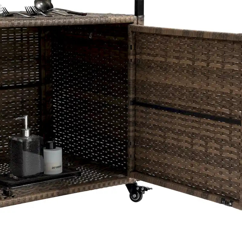 Outdoor Patio Wicker Bar Cart with Storage Cabinet and Glass Top, Rolling Rattan Beverage Bar Table w/360 Wheels & Open Shelve