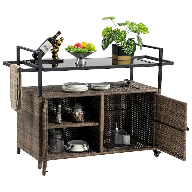 Outdoor Patio Wicker Bar Cart with Storage Cabinet and Glass Top, Rolling Rattan Beverage Bar Table w/360 Wheels & Open Shelve