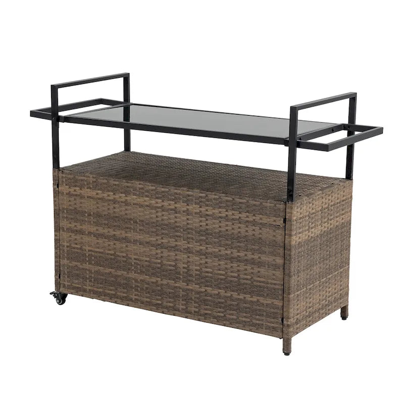 Outdoor Patio Wicker Bar Cart with Storage Cabinet and Glass Top, Rolling Rattan Beverage Bar Table w/360 Wheels & Open Shelve