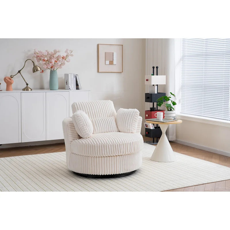 Oversized 360 Degreed Swivel Accent Chair Modern Soft Plush Corduroy Round Barrel Chair for Living Room Bedroom with Pillows