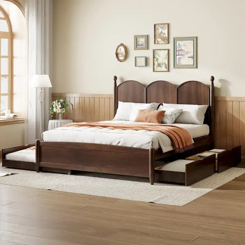 Queen Size Bed Frame with Twin XL Size Trundle and 2 Big Drawers, Wooden Platform Bed with Headboard and Slats Support