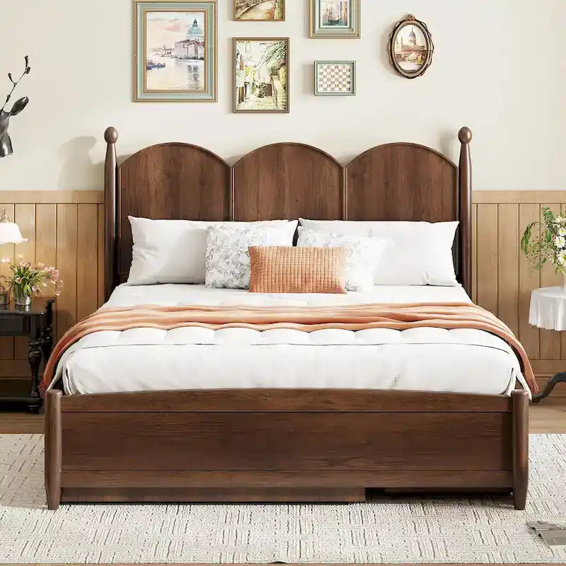 Queen Size Bed Frame with Twin XL Size Trundle and 2 Big Drawers, Wooden Platform Bed with Headboard and Slats Support